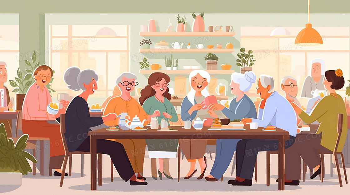 老年人聚会聚餐插画