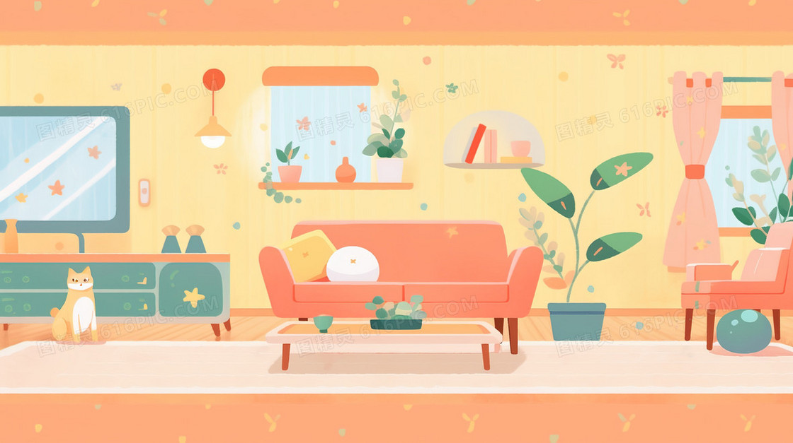 客厅沙发家居和小猫温馨插画