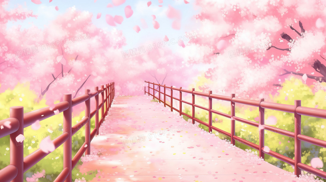 春天开满粉色花朵的道路风景插画