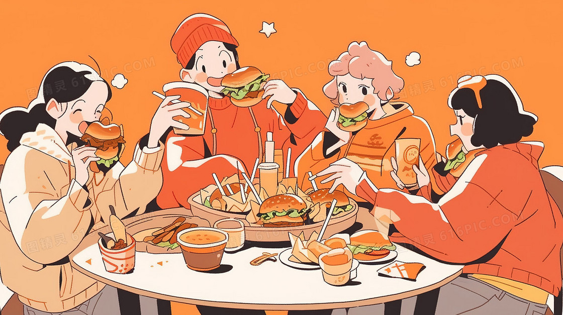 一起享用汉堡快餐的人们插画
