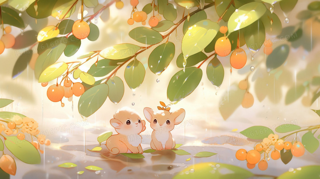 春季雨天绿色树叶和小精灵插画