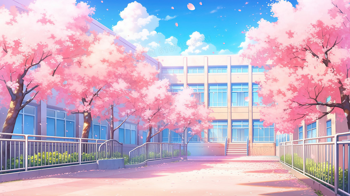 春天开满粉色花朵的校园风景插画
