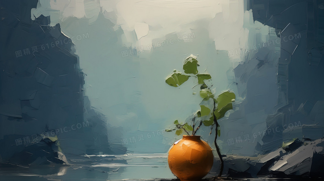 一个橙黄色的花瓶和植物油画插画