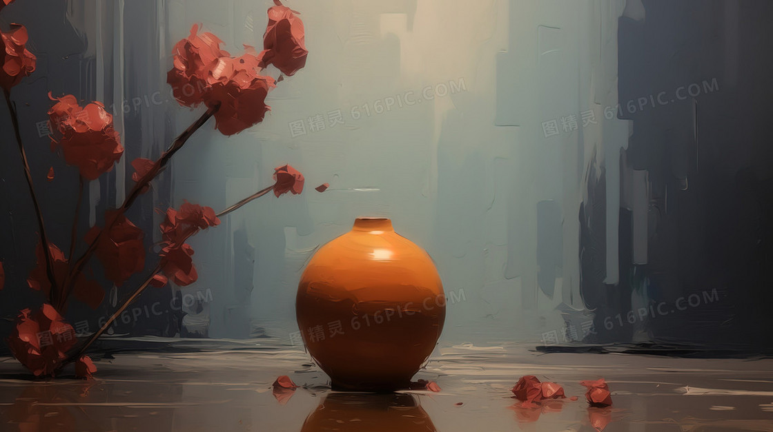 一个橙黄色的花瓶和植物油画插画