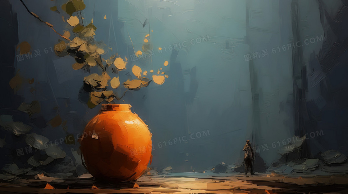 一个橙黄色的花瓶和植物油画插画
