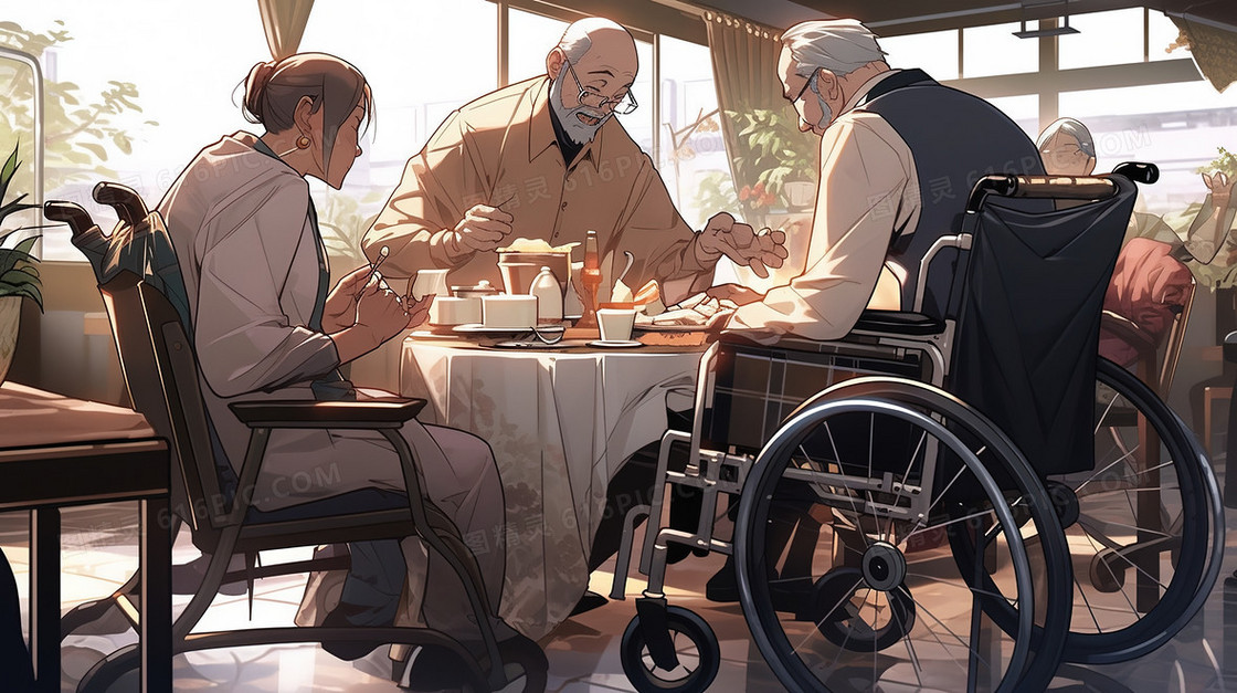 坐在轮椅上的老年人们聚会插画