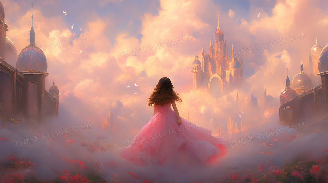 梦幻站在城堡前的少女插画