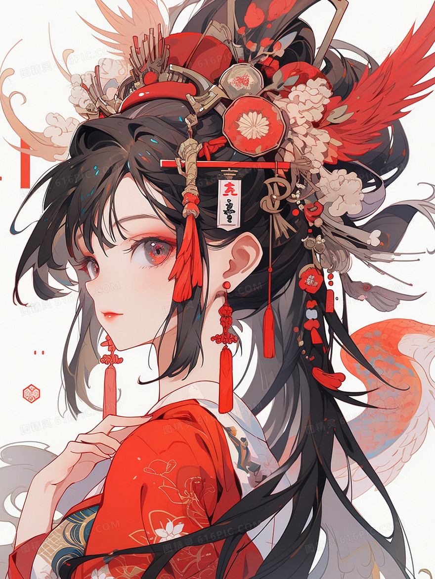 红色中国风古典服饰女子插画