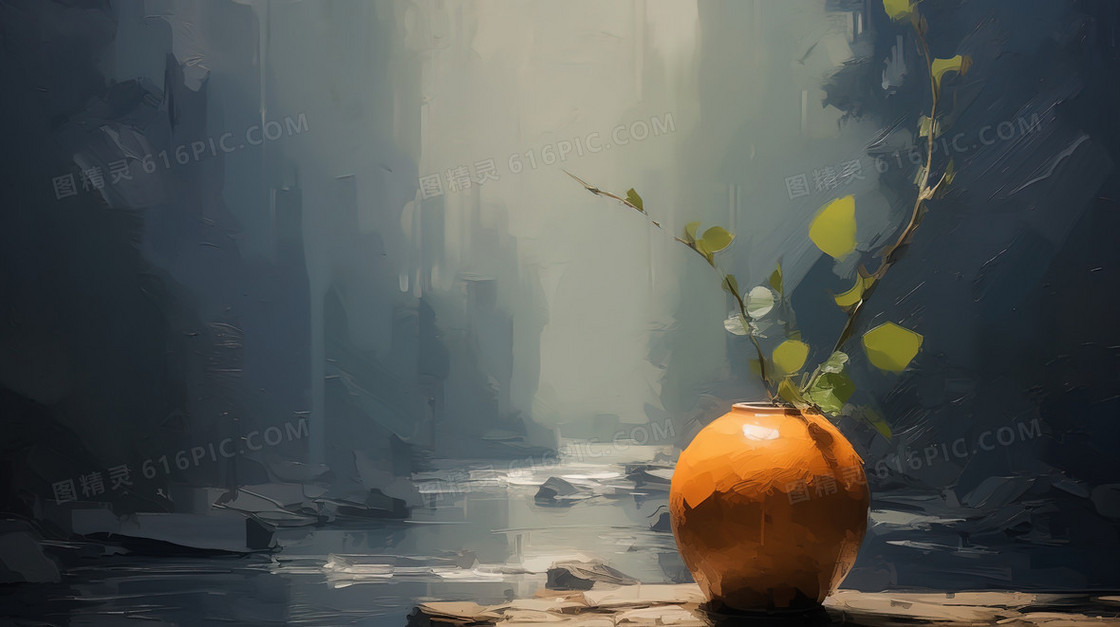 一个橙黄色的花瓶和植物油画插画