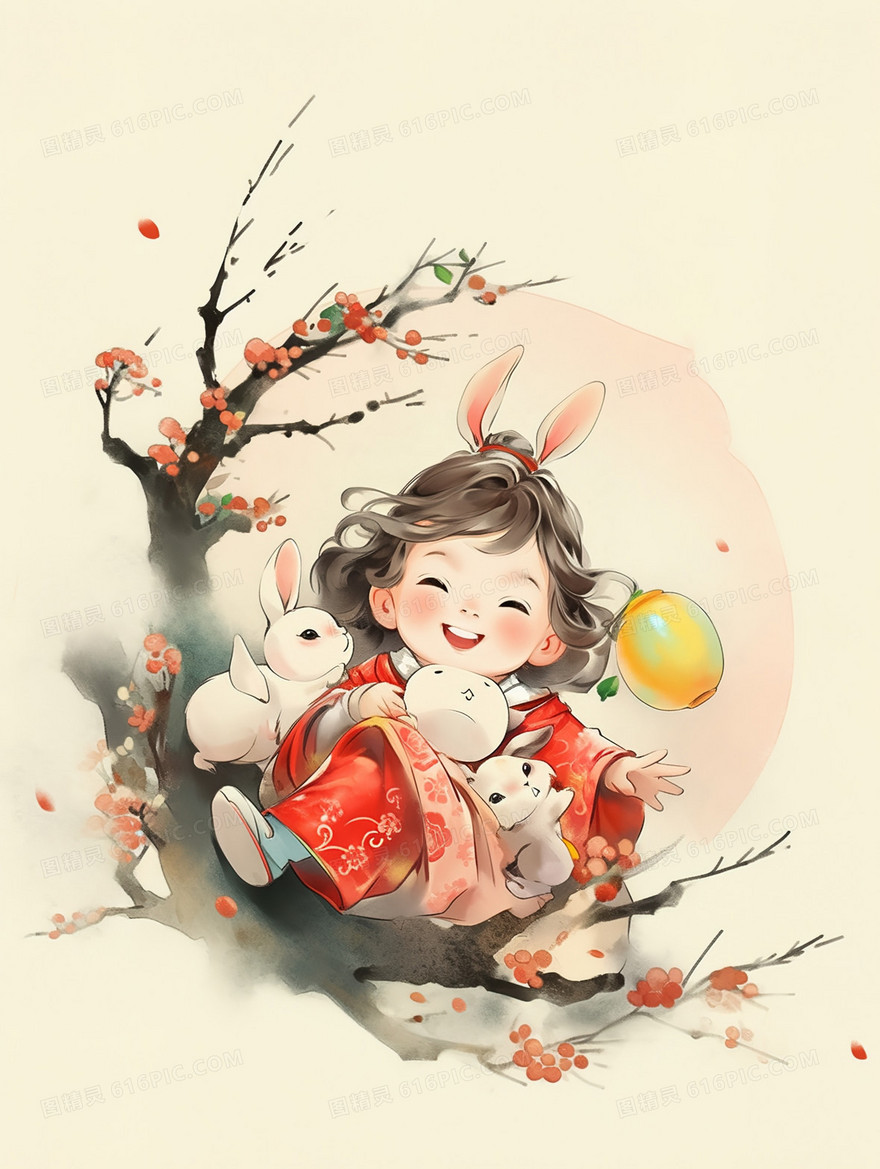 梅花树枝上的可爱古风小女孩插画