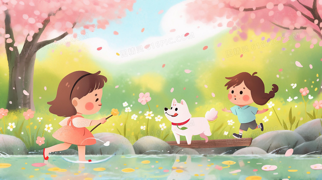 春天里和小狗在河边玩耍的女孩插画