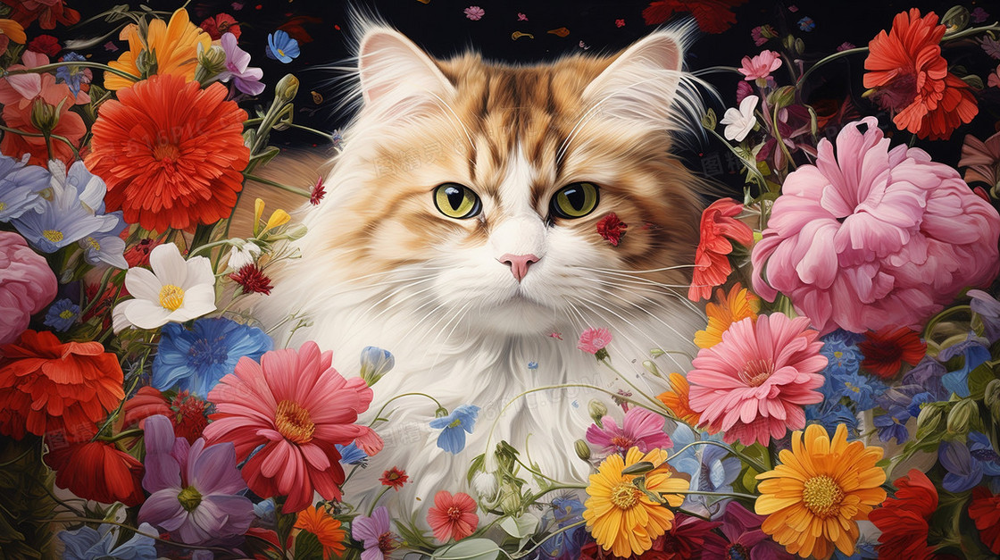 鲜花花丛中的可爱小猫咪插画