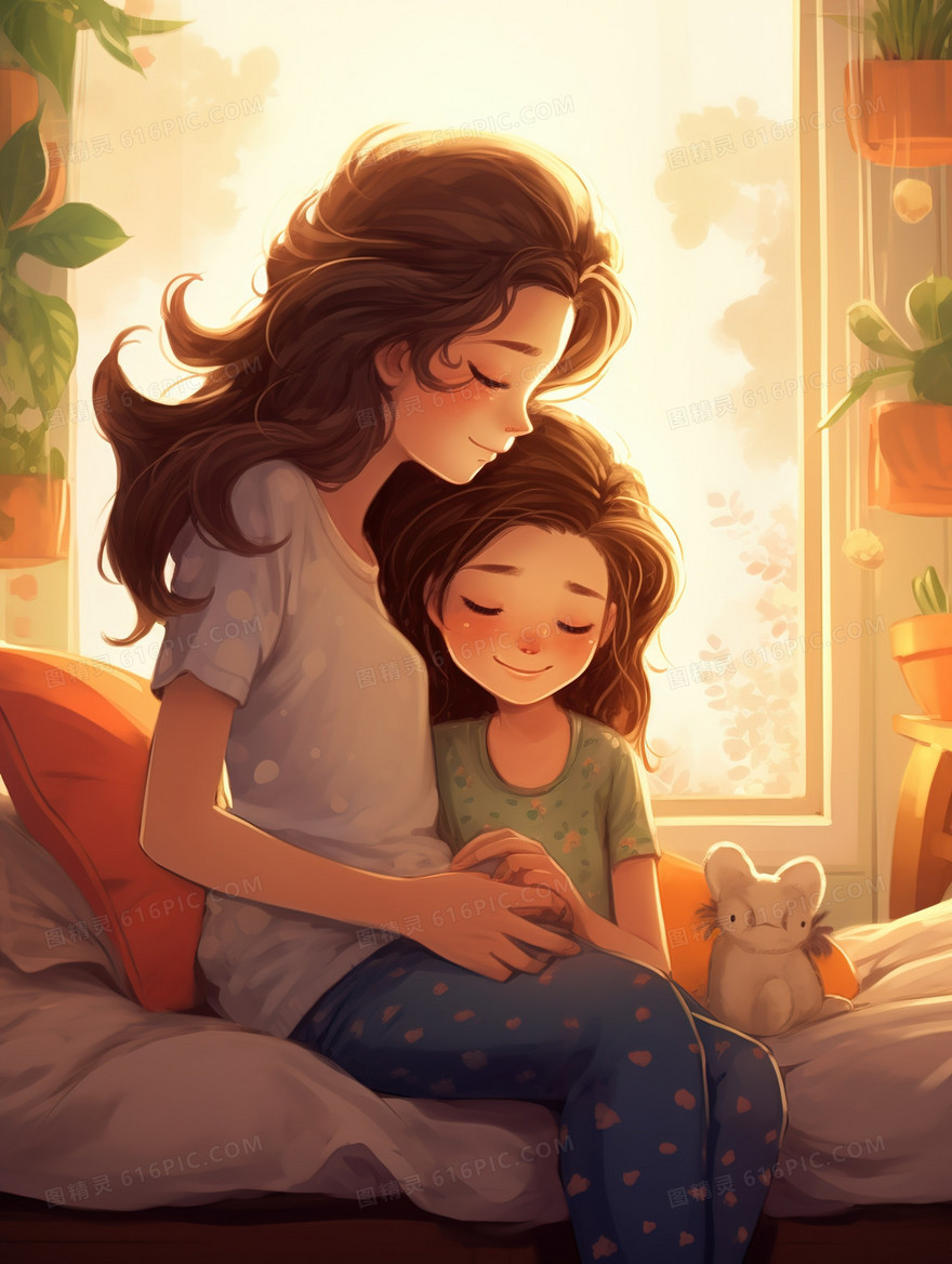 妈妈抱着女儿坐在床上插画