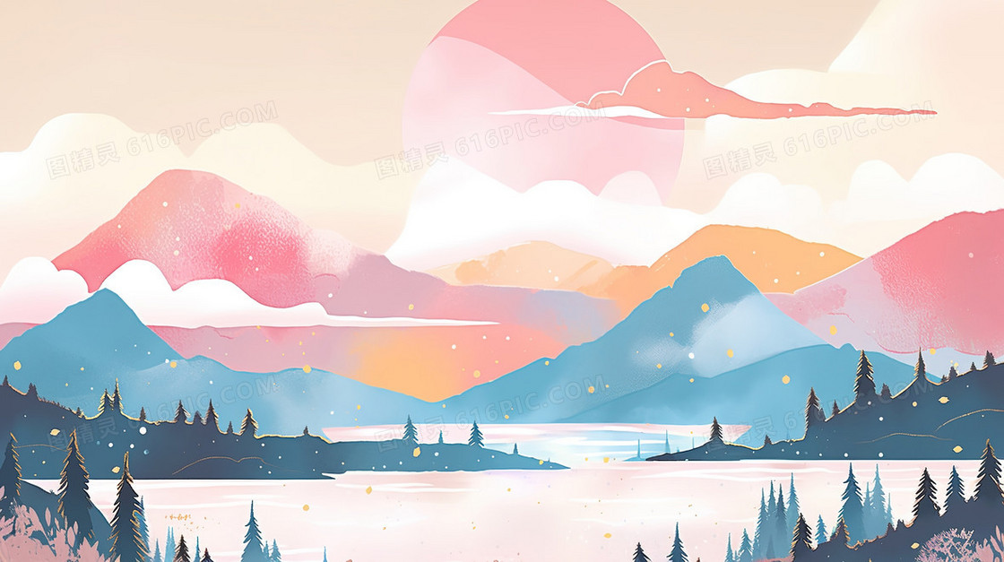 粉色晚霞山水风景插画