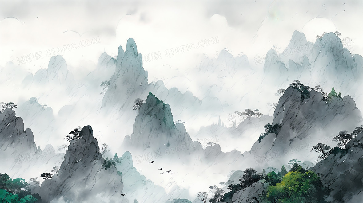 黑白中国风山水风景插画背景图片下载_2912x1632像素JPG格式_编号138fedp29_图精灵