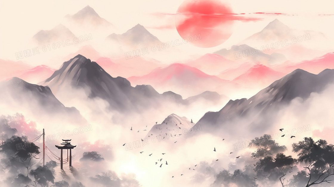 中国风夕阳水墨山水风景插画