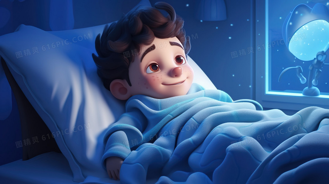 3D躺在病床上的小男孩插画