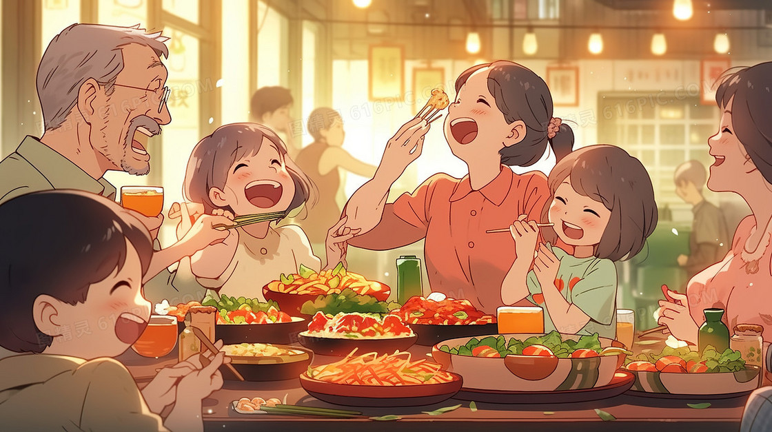 聚在一起快乐吃饭的家人们插画