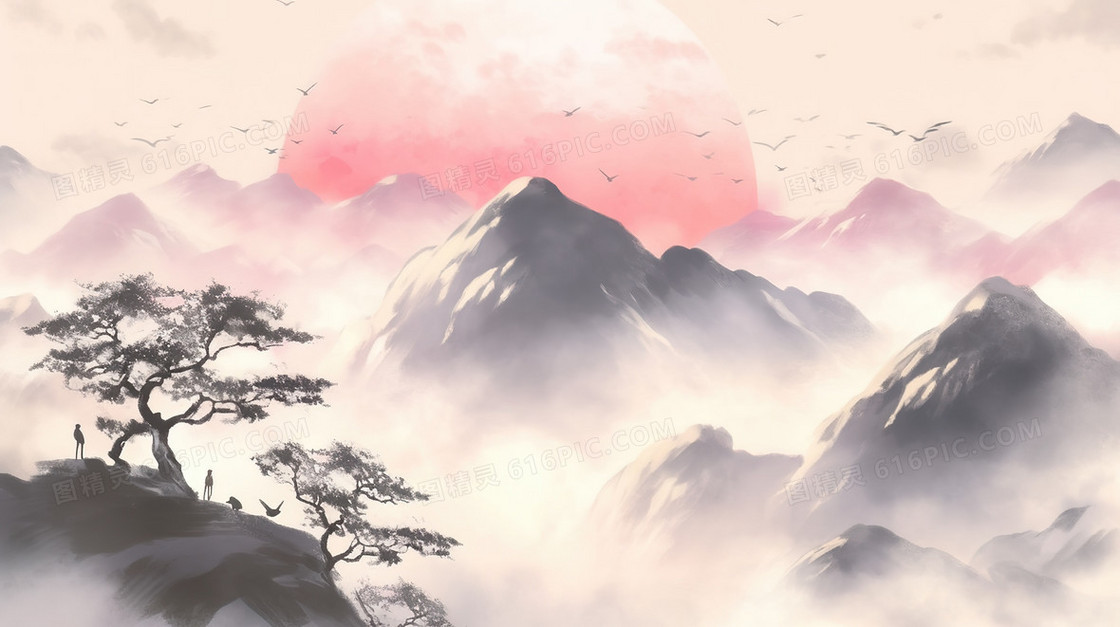 中国风夕阳水墨山水风景插画