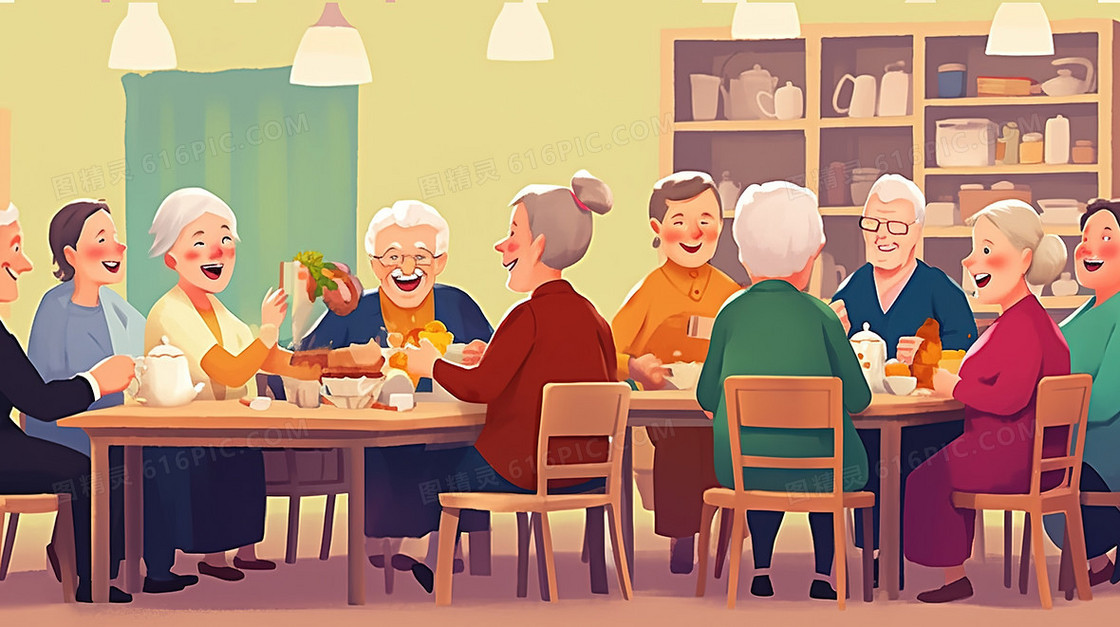 老年人在一起聚餐插画