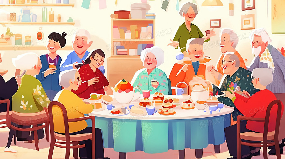 老年人在一起聚餐插画