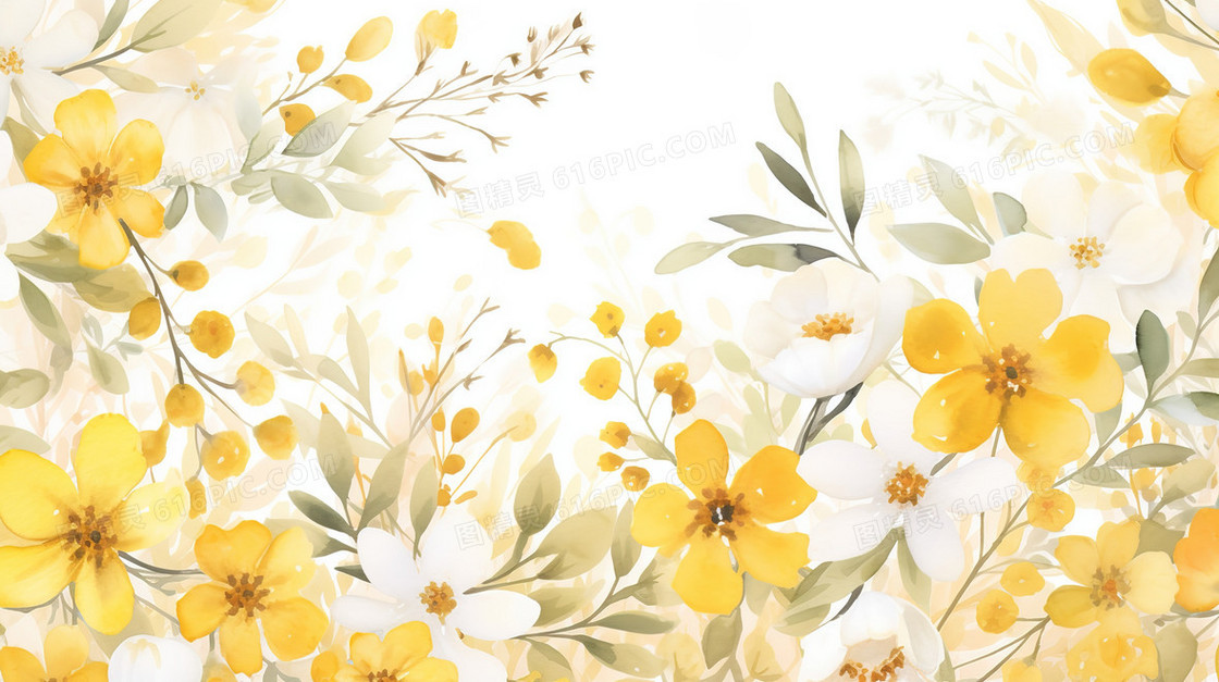 黄色花朵和灰绿色叶子装饰插画