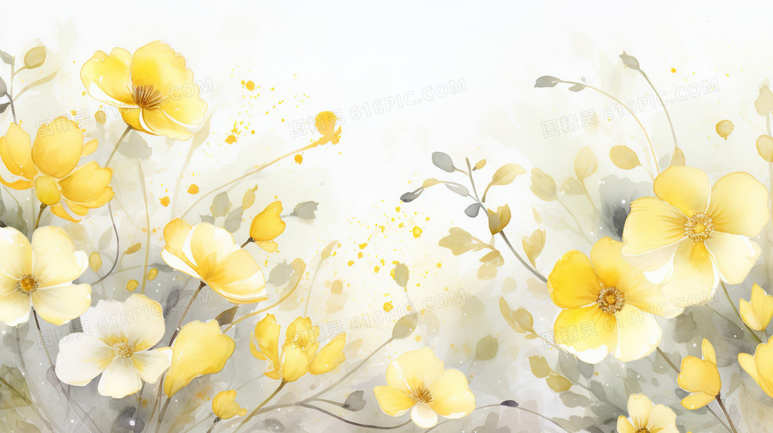 黄色花朵和灰绿色叶子装饰插画