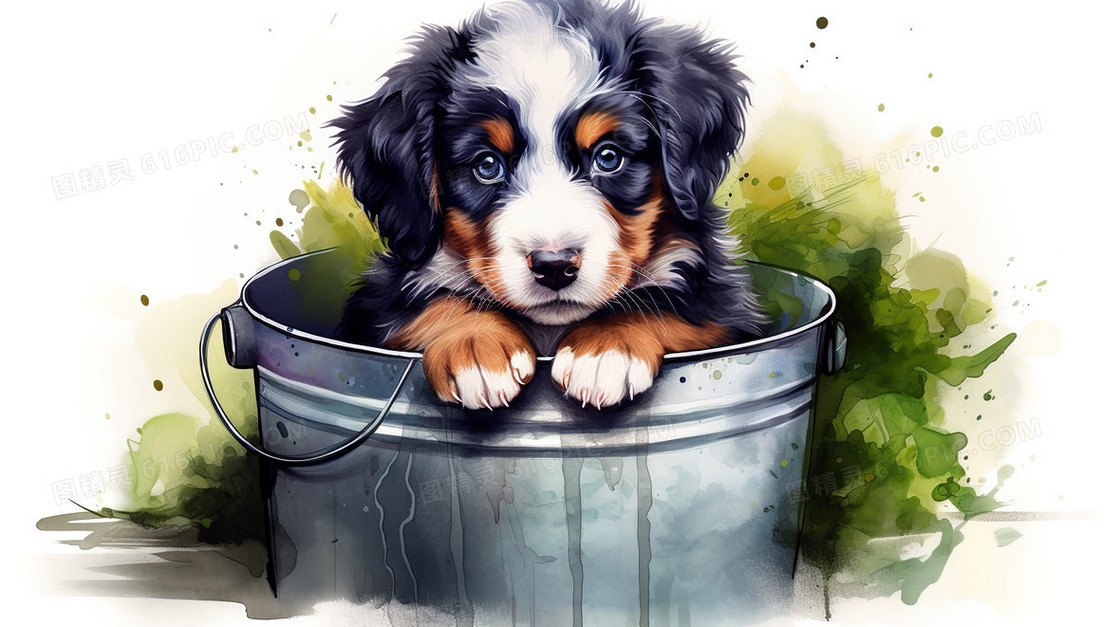 铁桶里的伯恩山幼犬插画