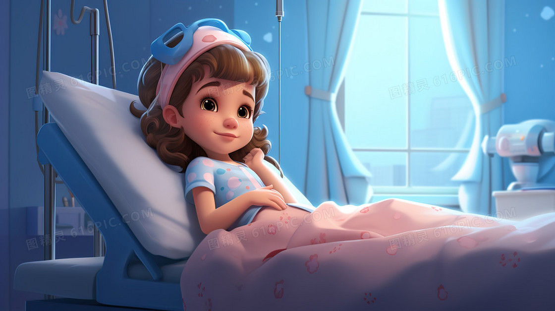 坐在病床上的小女孩插画