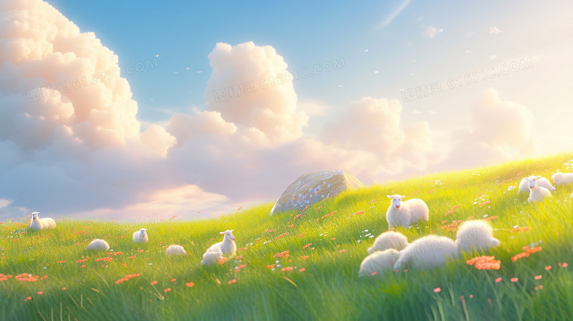 绿色唯美春天草地上的绵羊插画