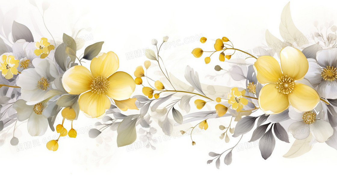 黄色花朵和灰色叶子的花朵装饰插画