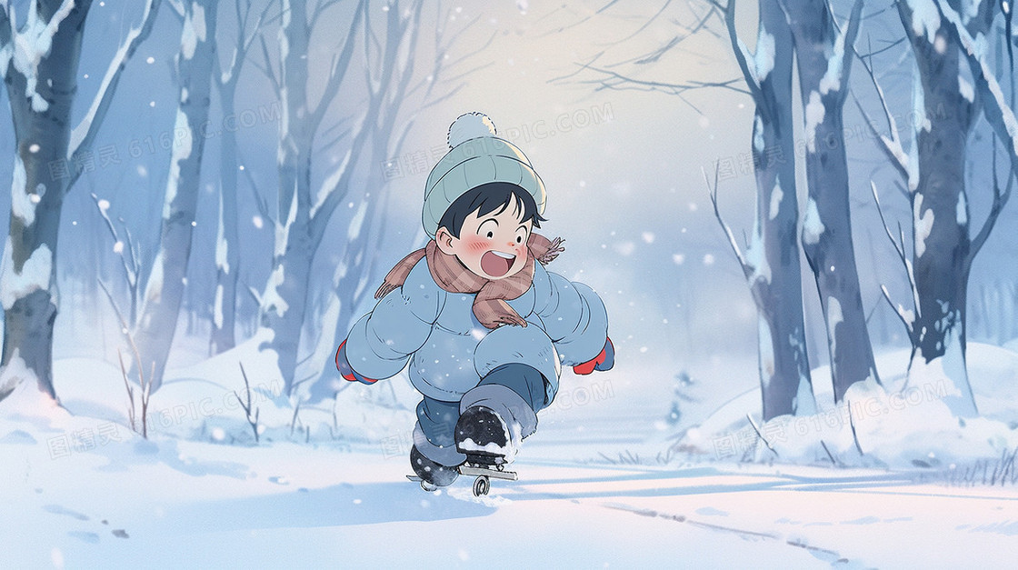 唯美冬天男孩户外滑雪插画