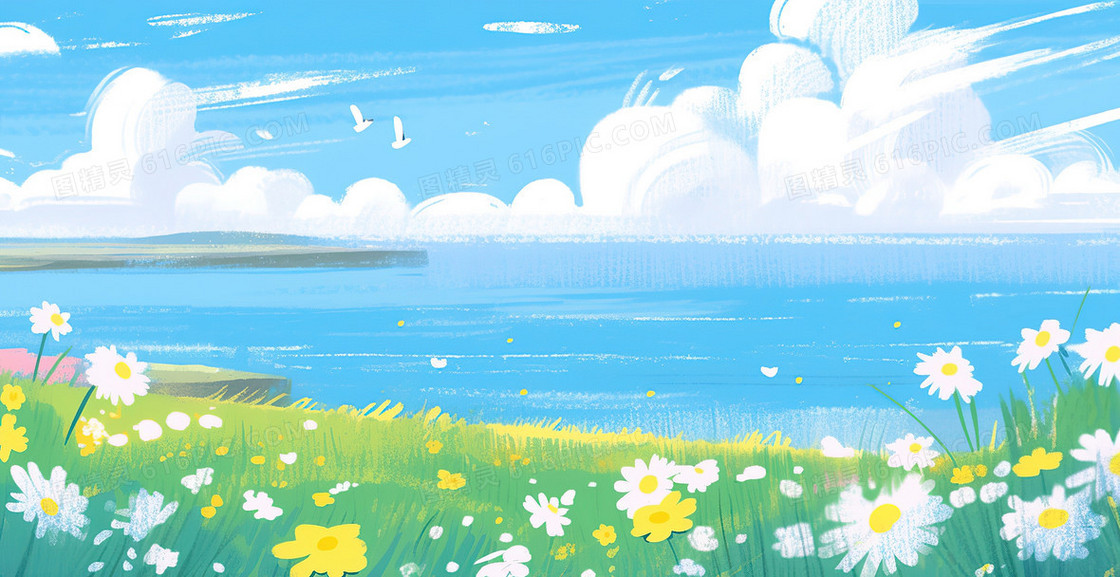 蓝天白云春天油画草地景色插画