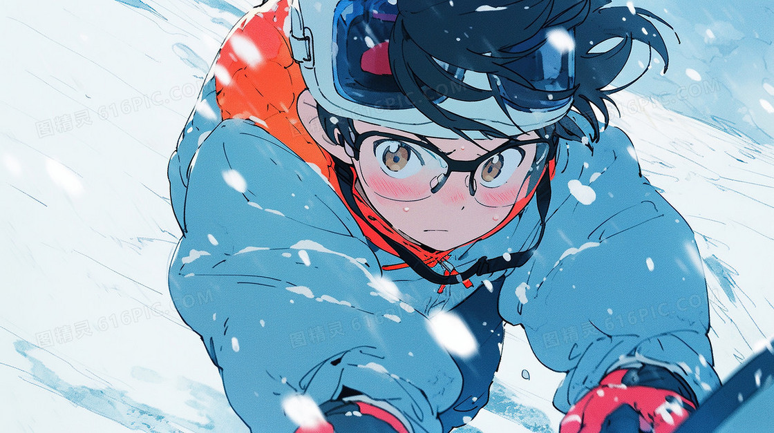 唯美冬天男孩户外滑雪插画