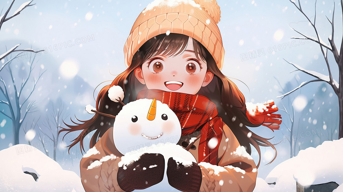冬天户外女孩与雪人插画