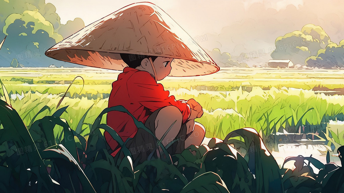 一个在稻田里沉思的小男孩插画