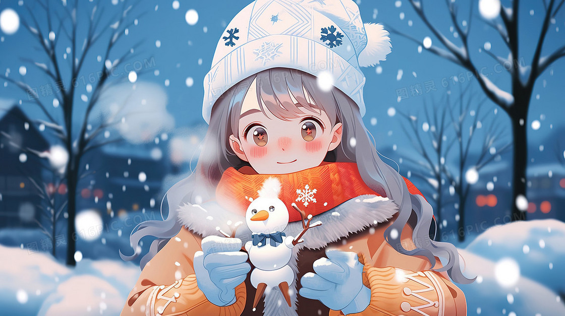 冬天户外女孩与雪人插画