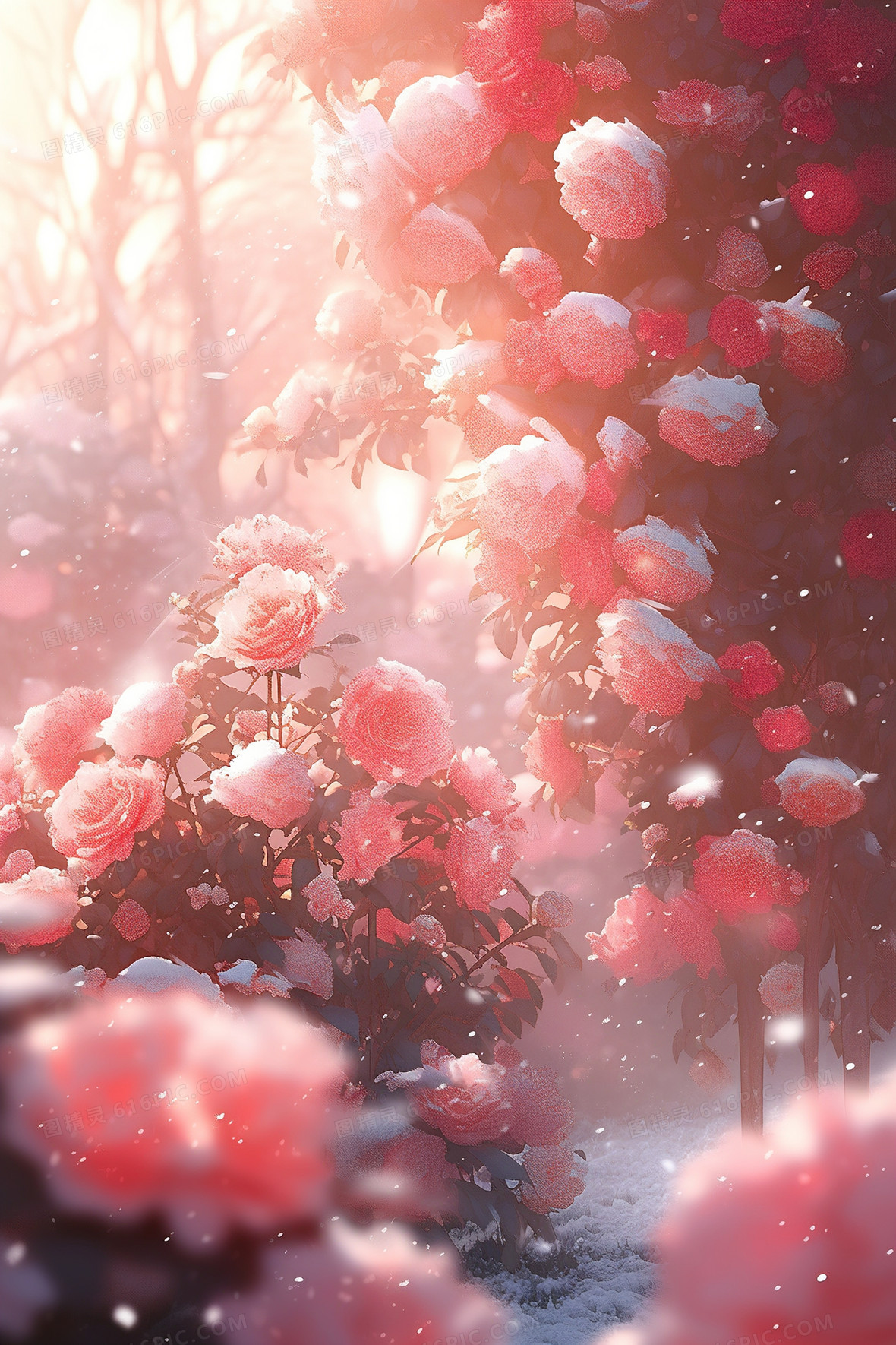 娇艳欲滴的冬天红玫瑰花海风景插画