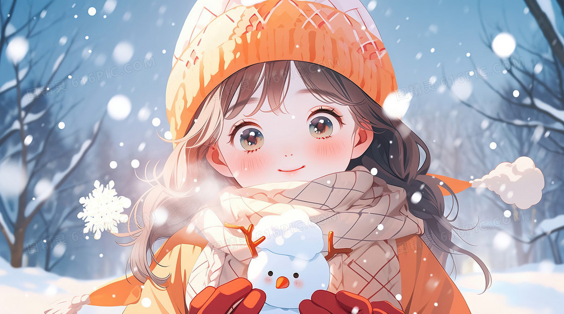 冬天户外女孩与雪人插画