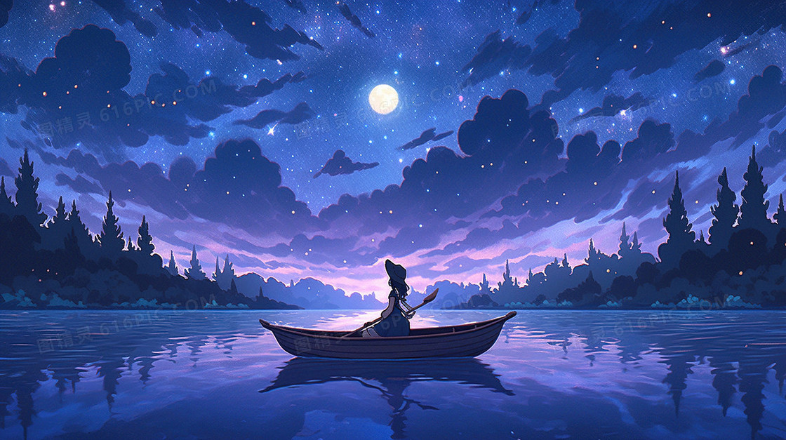 蓝色卡通唯美夜晚天空风景插画