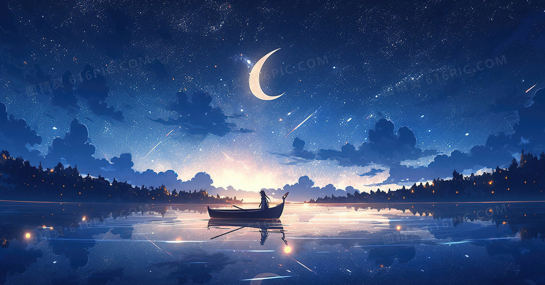蓝色卡通唯美夜晚天空风景插画
