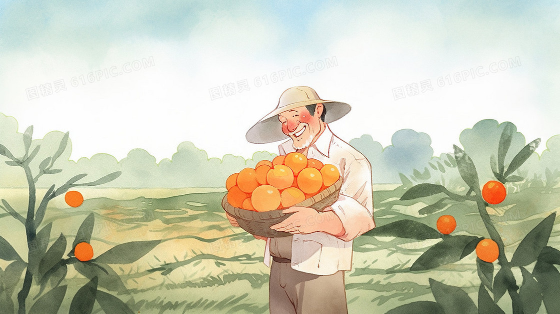 秋天农民伯伯抱着丰收的橙子插画