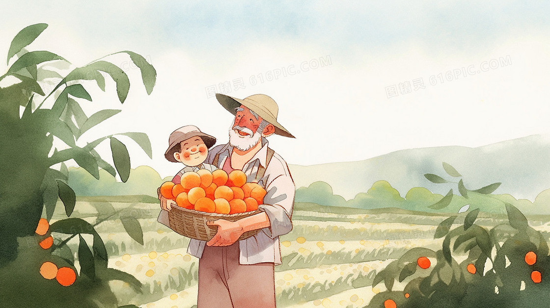 秋季农民伯伯抱着丰收的橙子插画
