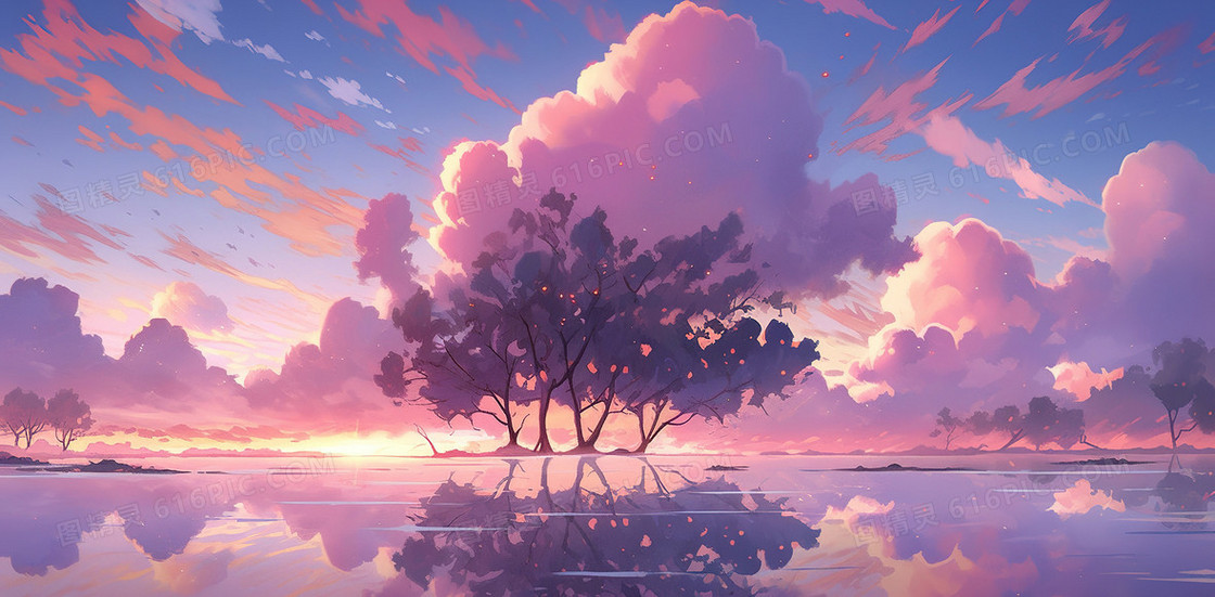 唯美梦幻彩色湖泊上日落晚霞美景插画