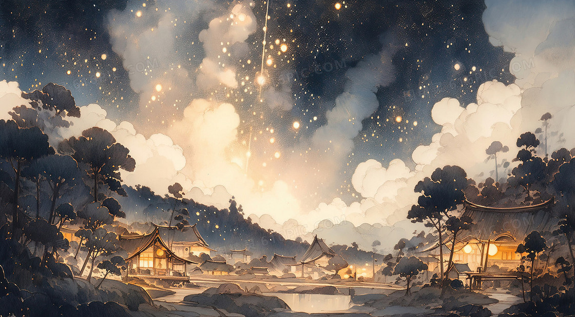 彩色夜晚天空风景插画