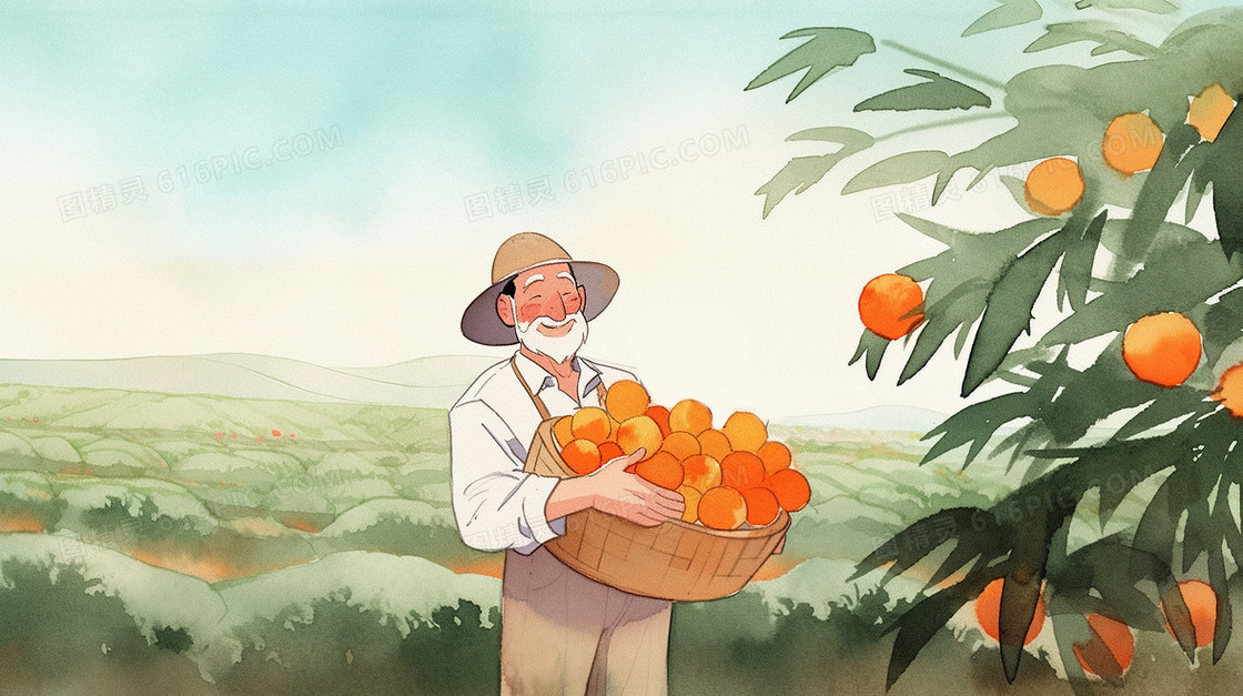 秋天农民伯伯抱着丰收的橙子插画