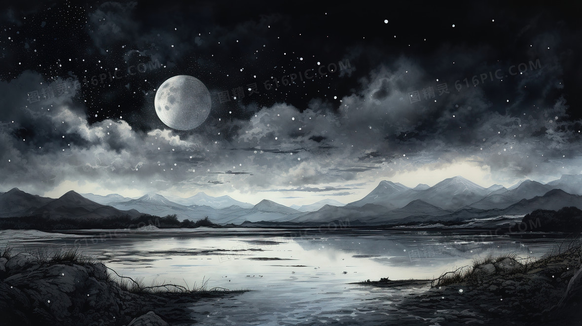 唯美水墨国风星空山水景色插画