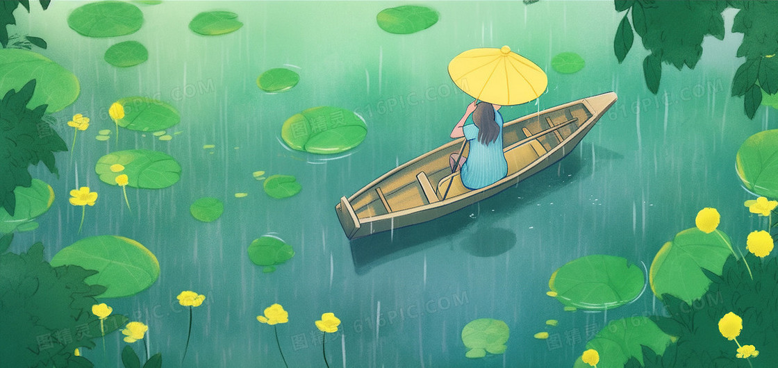 夏季下雨天女孩撑伞划船插画