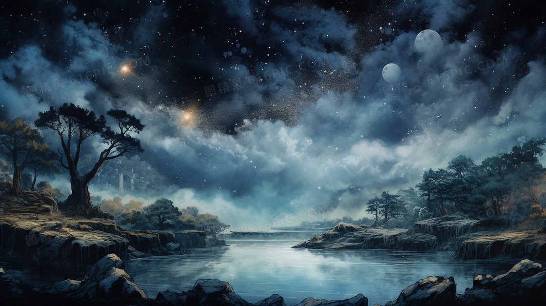 唯美水墨国风星空山水景色插画