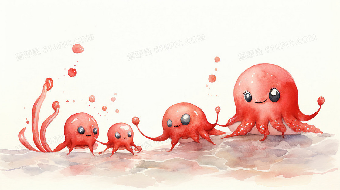 红色水彩画海蜇水母插画